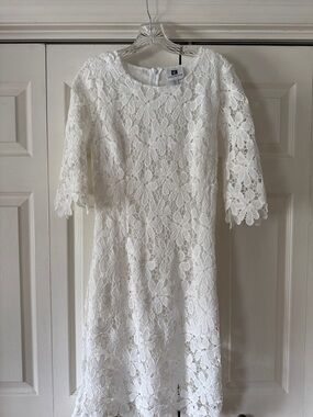White Lace Midi Dress with Scalloped Sleeves